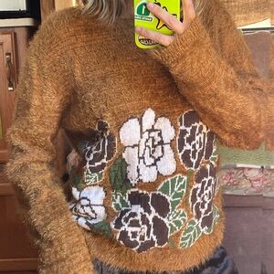 Cozy fuzzy Floral Knit Sweater in Brown